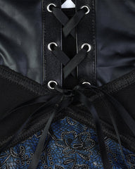 Retro Printed Mesh and PU Leather Cross-Strap Bow Bodysuit