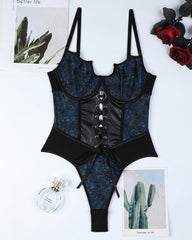 Retro Printed Mesh and PU Leather Cross-Strap Bow Bodysuit