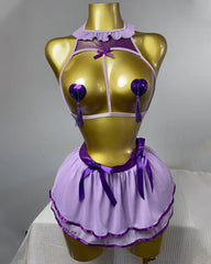 Sexy Chest Hollowed-out with Heart-shaped Nipple Stickers and See-through Gauze Skirt Fun Suit