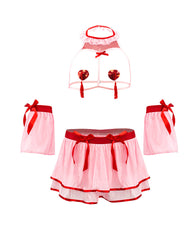 Sexy Chest Hollowed-out with Heart-shaped Nipple Stickers and See-through Gauze Skirt Fun Suit