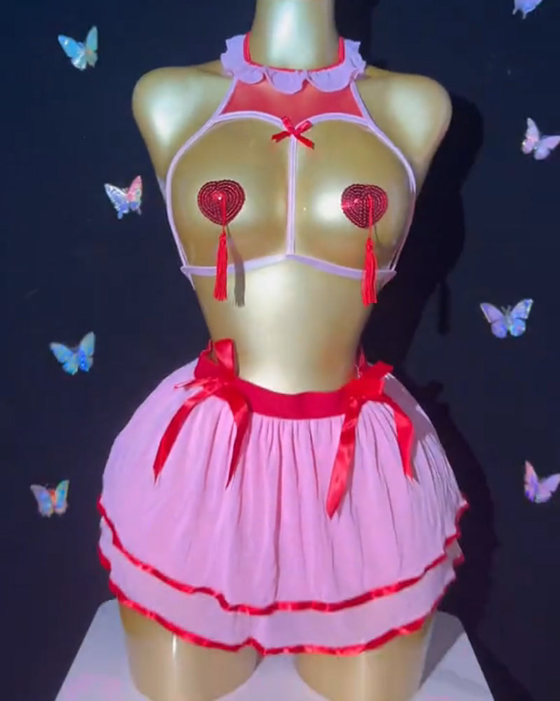 Sexy Chest Hollowed-out with Heart-shaped Nipple Stickers and See-through Gauze Skirt Fun Suit