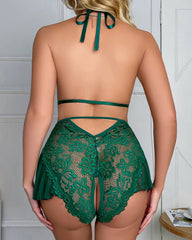 Sexy Hollow Lace See-through Suspenders Open Crotch One-piece Pajamas