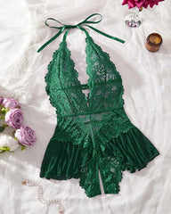 Sexy Hollow Lace See-through Suspenders Open Crotch One-piece Pajamas
