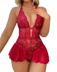 Sexy Hollow Lace See-through Suspenders Open Crotch One-piece Pajamas