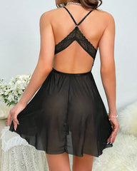Sexy Deep V-neck Low-cut Backless Mesh Hollow Fun Suspender Nightgown