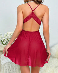 Sexy Deep V-neck Low-cut Backless Mesh Hollow Fun Suspender Nightgown