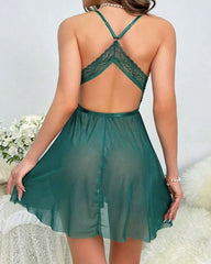 Sexy Deep V-neck Low-cut Backless Mesh Hollow Fun Suspender Nightgown