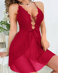 Sexy Deep V-neck Low-cut Backless Mesh Hollow Fun Suspender Nightgown