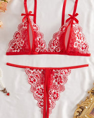 Sexy Floral Lace Exposed Breast Bra and Crotchless Thong Panty Set