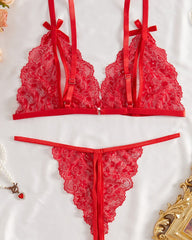 Sexy Floral Lace Exposed Breast Bra and Crotchless Thong Panty Set