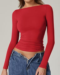 Women's Sexy Open Back Seamless Turtleneck Double Lined Slim Fit Long Sleeve Top
