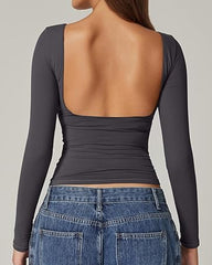 Women's Sexy Open Back Seamless Turtleneck Double Lined Slim Fit Long Sleeve Top