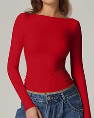 Women's Sexy Open Back Seamless Turtleneck Double Lined Slim Fit Long Sleeve Top