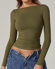 Women's Sexy Open Back Seamless Turtleneck Double Lined Slim Fit Long Sleeve Top
