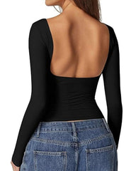 Women's Sexy Open Back Seamless Turtleneck Double Lined Slim Fit Long Sleeve Top