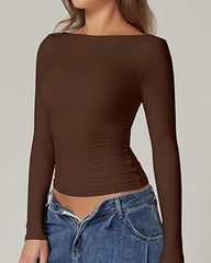 Women's Sexy Open Back Seamless Turtleneck Double Lined Slim Fit Long Sleeve Top