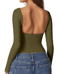Women's Sexy Open Back Seamless Turtleneck Double Lined Slim Fit Long Sleeve Top