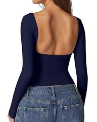 Women's Sexy Open Back Seamless Turtleneck Double Lined Slim Fit Long Sleeve Top