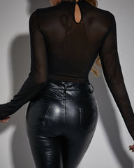 Sexy Round Neck Lace Mesh See-through Slim Long Sleeve Tights Bodysuit