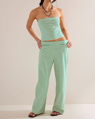 Women's Striped Print Casual Short Tube Top Wide-leg Pants Suit