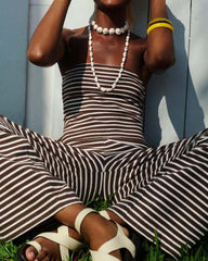 Women's Striped Print Casual Short Tube Top Wide-leg Pants Suit