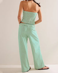 Women's Striped Print Casual Short Tube Top Wide-leg Pants Suit