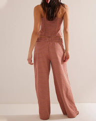 Women's Striped Print Casual Short Tube Top Wide-leg Pants Suit