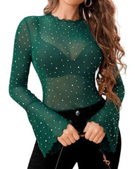 Women's Mesh Transparent Sequined Flared Long Sleeve T-shirt Top