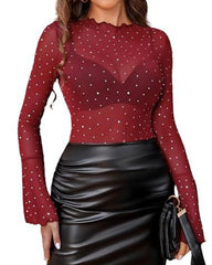 Women's Mesh Transparent Sequined Flared Long Sleeve T-shirt Top