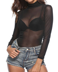 Sexy See-through High-neck Elastic Tight Long-sleeved Mesh T-shirt
