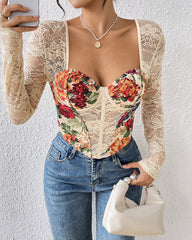Retro Square Neck Floral Lace Panel Long Sleeve Top
