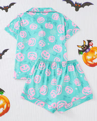 Casual Halloween Lapel Short-Sleeved Shorts Homewear Set