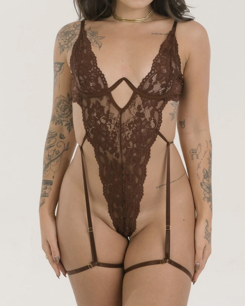 Deep V See-Through Lace Sexy Bodysuit