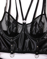 Sexy PU Leather Fishnet See-through Pajamas Set
