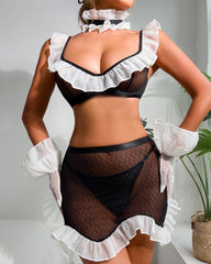 Sexy Maid Uniform See-through Mesh Gloves Choker Sexy Five-piece Set