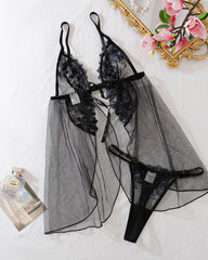 Sexy Mesh Flower Embroidery See-Through Suspender Pajamas