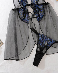 Sexy Mesh Flower Embroidery See-Through Suspender Pajamas