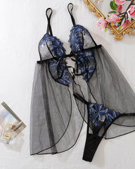 Sexy Mesh Flower Embroidery See-Through Suspender Pajamas