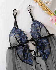 Sexy Mesh Flower Embroidery See-Through Suspender Pajamas
