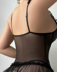 Sexy Hollow PU Patent Leather Mesh Splicing Pajamas and Fishnet Stockings Set