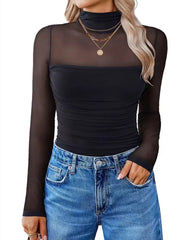 Women's High Neck Mesh See-through Stitching Long Sleeve Body-shaping Stretch Bodysuit