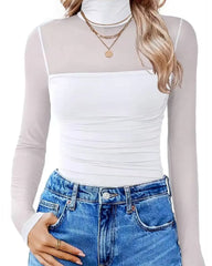 Women's High Neck Mesh See-through Stitching Long Sleeve Body-shaping Stretch Bodysuit