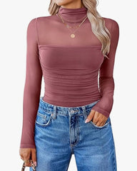 Women's High Neck Mesh See-through Stitching Long Sleeve Body-shaping Stretch Bodysuit