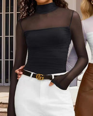 Women's High Neck Mesh See-through Stitching Long Sleeve Body-shaping Stretch Bodysuit