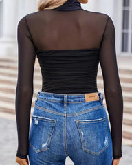 Women's High Neck Mesh See-through Stitching Long Sleeve Body-shaping Stretch Bodysuit