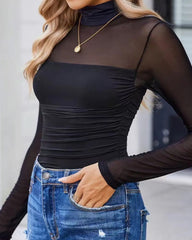 Women's High Neck Mesh See-through Stitching Long Sleeve Body-shaping Stretch Bodysuit