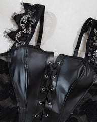 Sexy PU Leather Stitching Lace See-through Strappy Lingerie Set