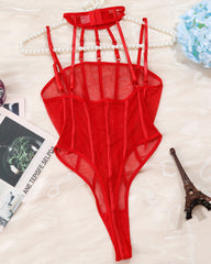 Sexy Mesh See-Through Stitching Halterneck Bodysuit