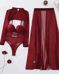 Sheer Mesh Bodysuit with Sexy Slit Skirt Three-piece Set
