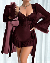 Sexy Lace See-through Mesh Camisole Nightgown and Robe Set